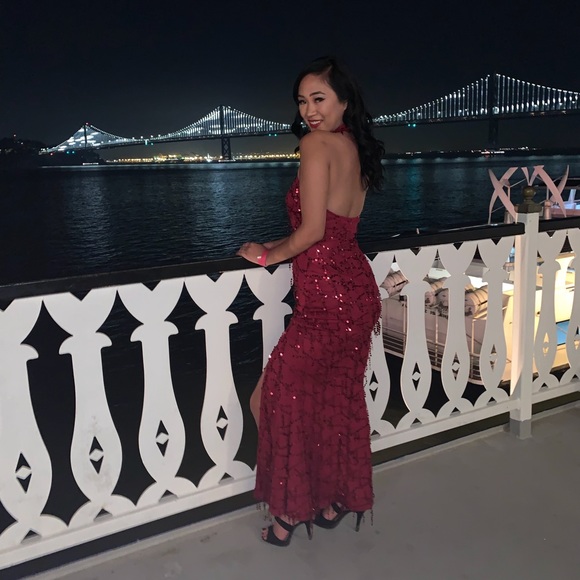burgundy sequin fishtail maxi dress